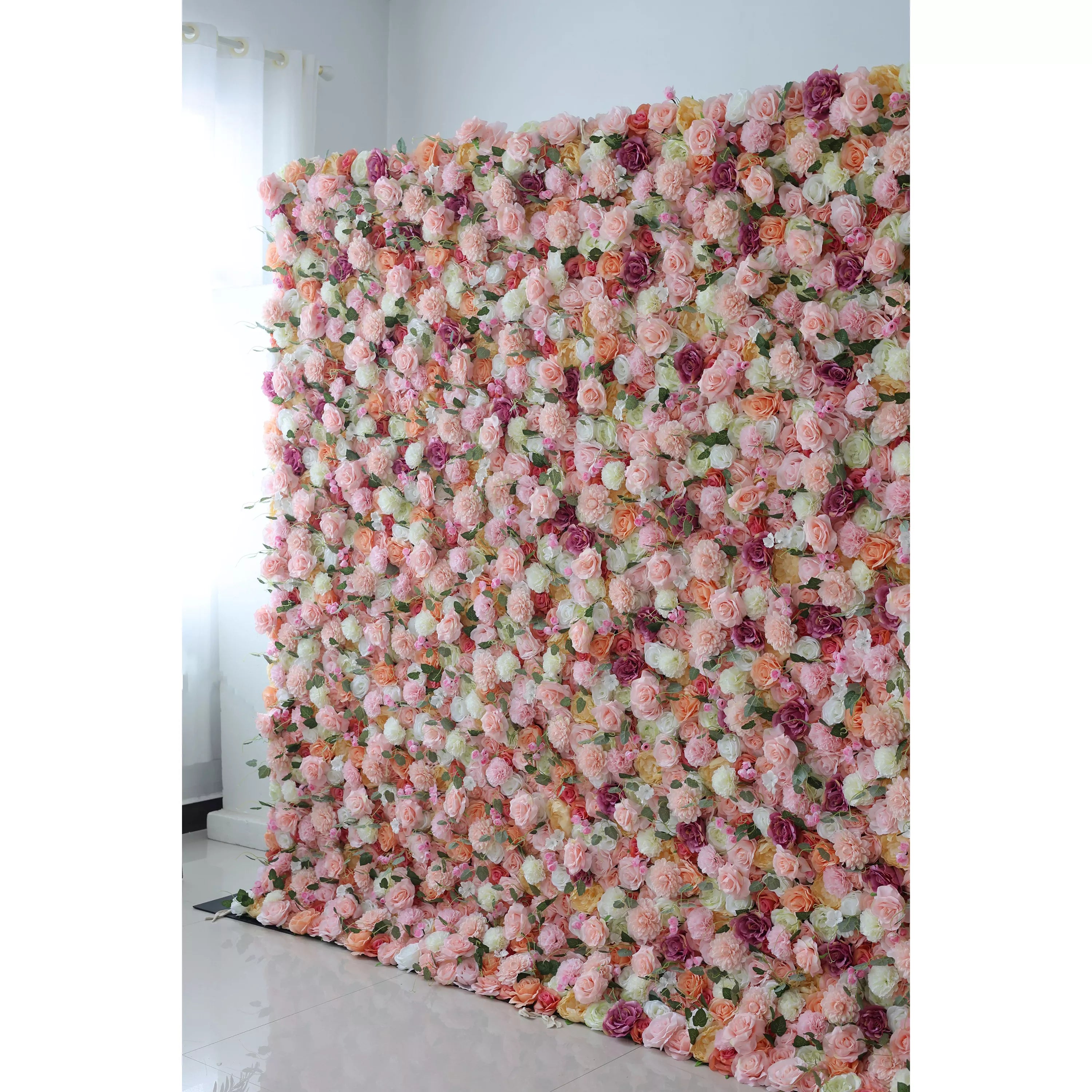 Fleurs Valar Roll Up Toile de fond murale de fleurs artificielles Jardin des rêves : Symphonie de roses pastel - Des célébrations radieuses aux retraites zen-VF-228