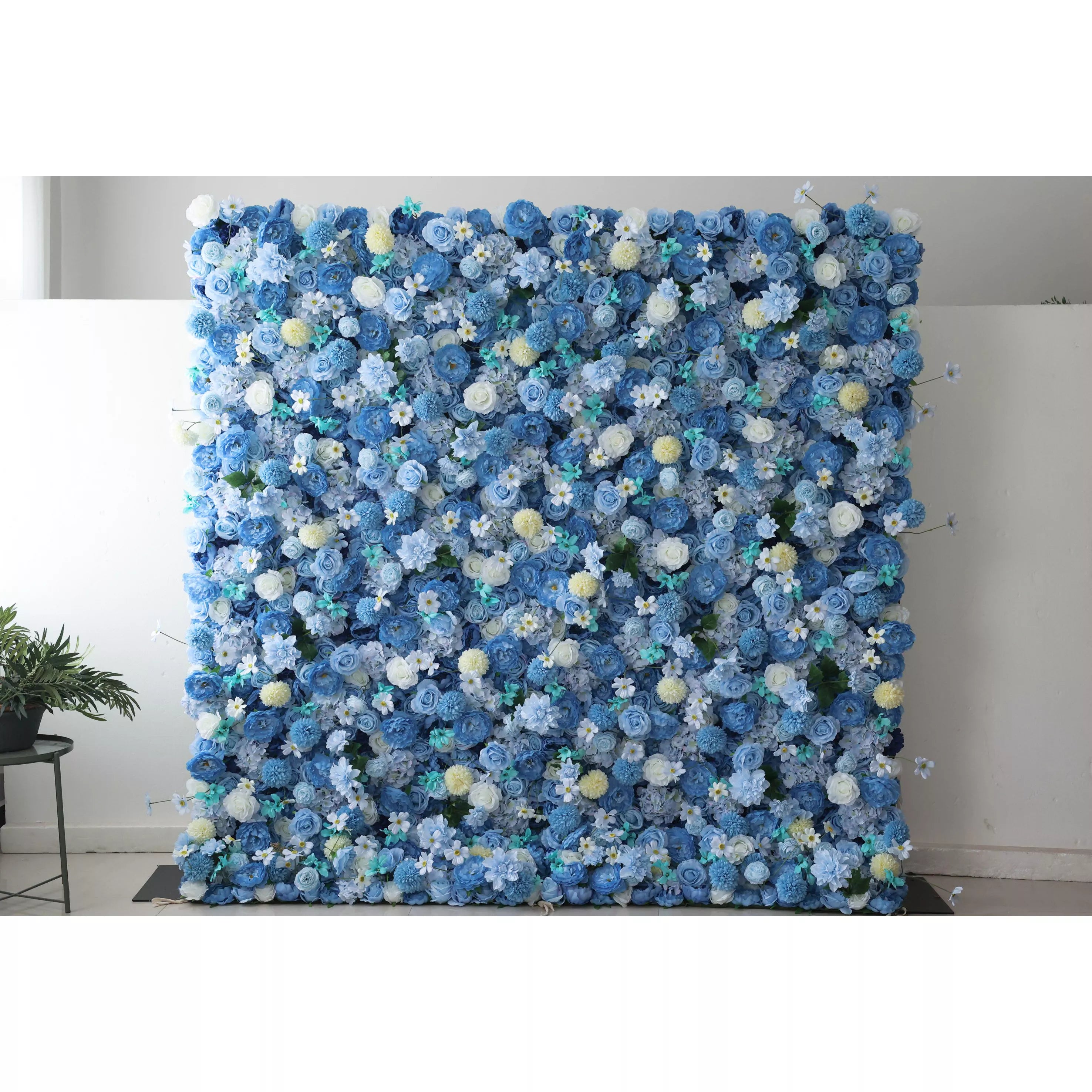 Valar Flowers Showcases: Cerulean Dreamscape – A Lush Canvas of Rich Blue &amp; Creamy White Fabric Blossoms – Premier Floral Wall for Seaside Events, Gatherings &amp; Coastal-Inspired Interiors-VF-219-3