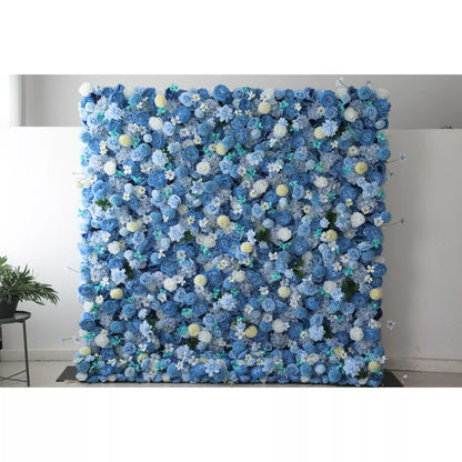 Valar Flowers Showcases: Cerulean Dreamscape-Un lienzo exuberante de flores de tela azul y blanco cremoso-Premier Floral Wall para eventos costeros, reuniones y Interiors-VF-219-3 inspirados en la costa