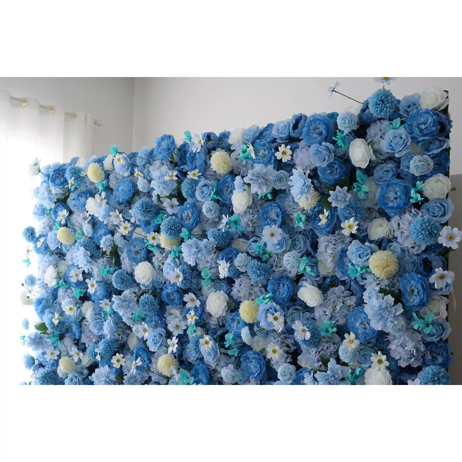 Valar Flowers Showcases: Cerulean Dreamscape – A Lush Canvas of Rich Blue &amp; Creamy White Fabric Blossoms – Premier Floral Wall for Seaside Events, Gatherings &amp; Coastal-Inspired Interiors-VF-219-3