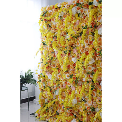 Toile de fond murale florale artificielle ValarFlowers: Symphonie ensoleillée-Une cascade radieuse de Blooms-VF-252 dorées