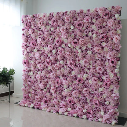 Valar Flores Roll Up Tecido Artificial Mix Rosa Roxa e Flor Branca Parede Wedding Backdrop, Decoração Floral Festa, Fotografia Evento-VF-048-3