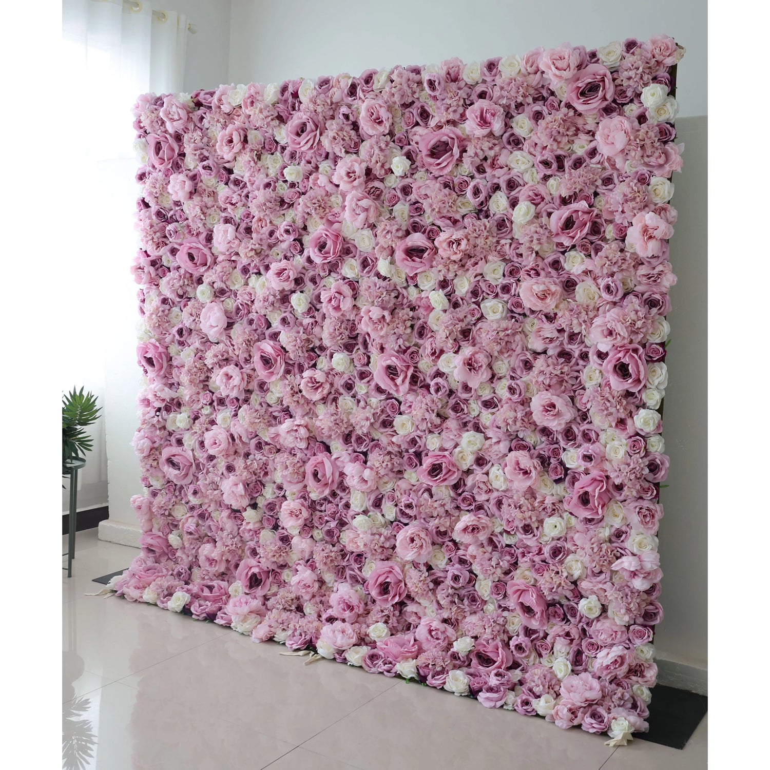 Valar Flores Roll Up Tecido Artificial Mix Rosa Roxa e Flor Branca Parede Wedding Backdrop, Decoração Floral Festa, Fotografia Evento-VF-048-3