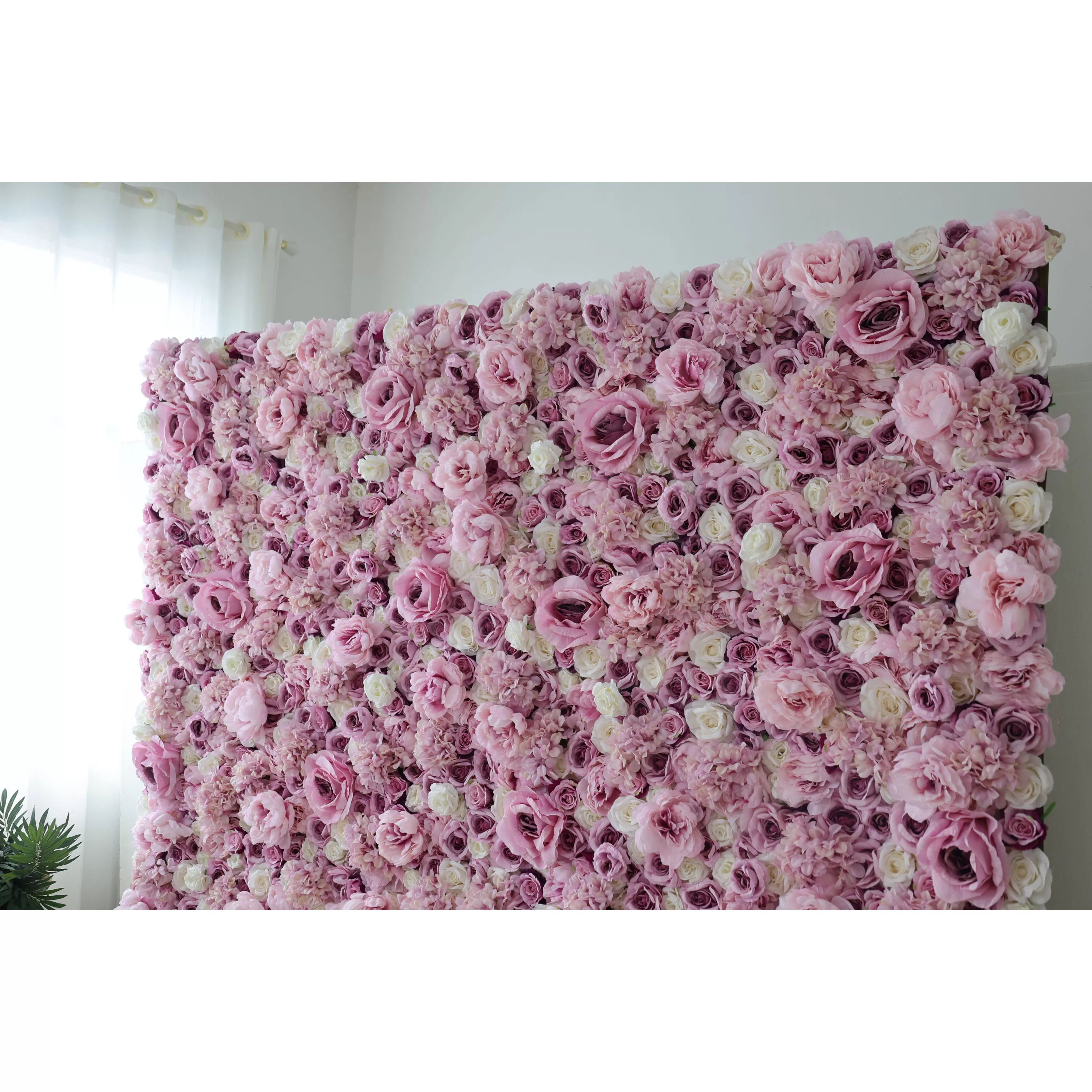 Valar Flores Roll Up Tecido Artificial Mix Rosa Roxa e Flor Branca Parede Wedding Backdrop, Decoração Floral Festa, Fotografia Evento-VF-048-3