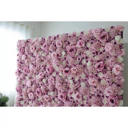 Valar Flowers Roll Up Fabric Artificial Mix Purple Rose and White Flower Wall Wedding Backdrop, Floral Party Decor, Event Photography-VF-048-3