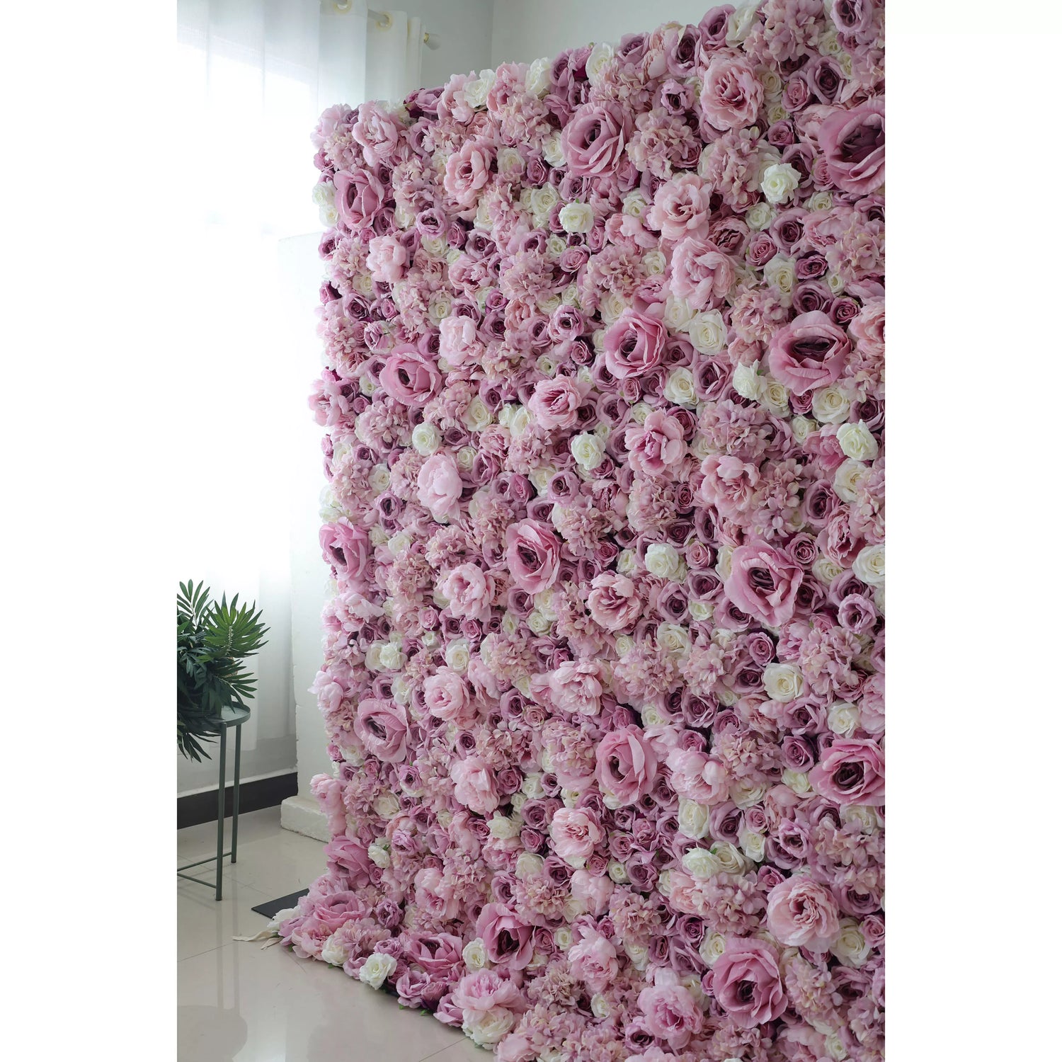 Valar Flowers Roll Up Fabric Artificial Mix Purple Rose and White Flower Wall Wedding Backdrop, Floral Party Decor, Event Photography-VF-048-3