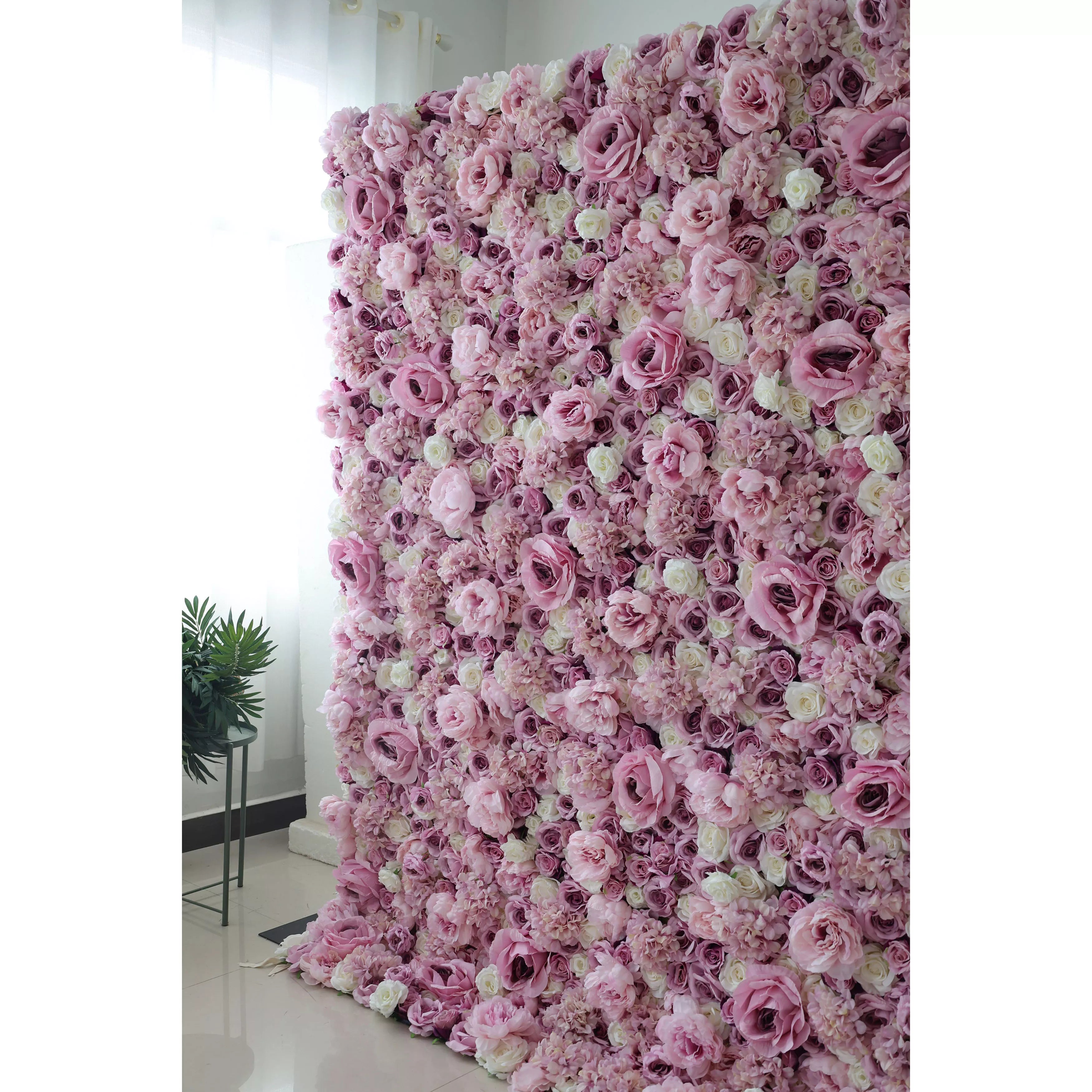 Valar Flores Roll Up Tecido Artificial Mix Rosa Roxa e Flor Branca Parede Wedding Backdrop, Decoração Floral Festa, Fotografia Evento-VF-048-3