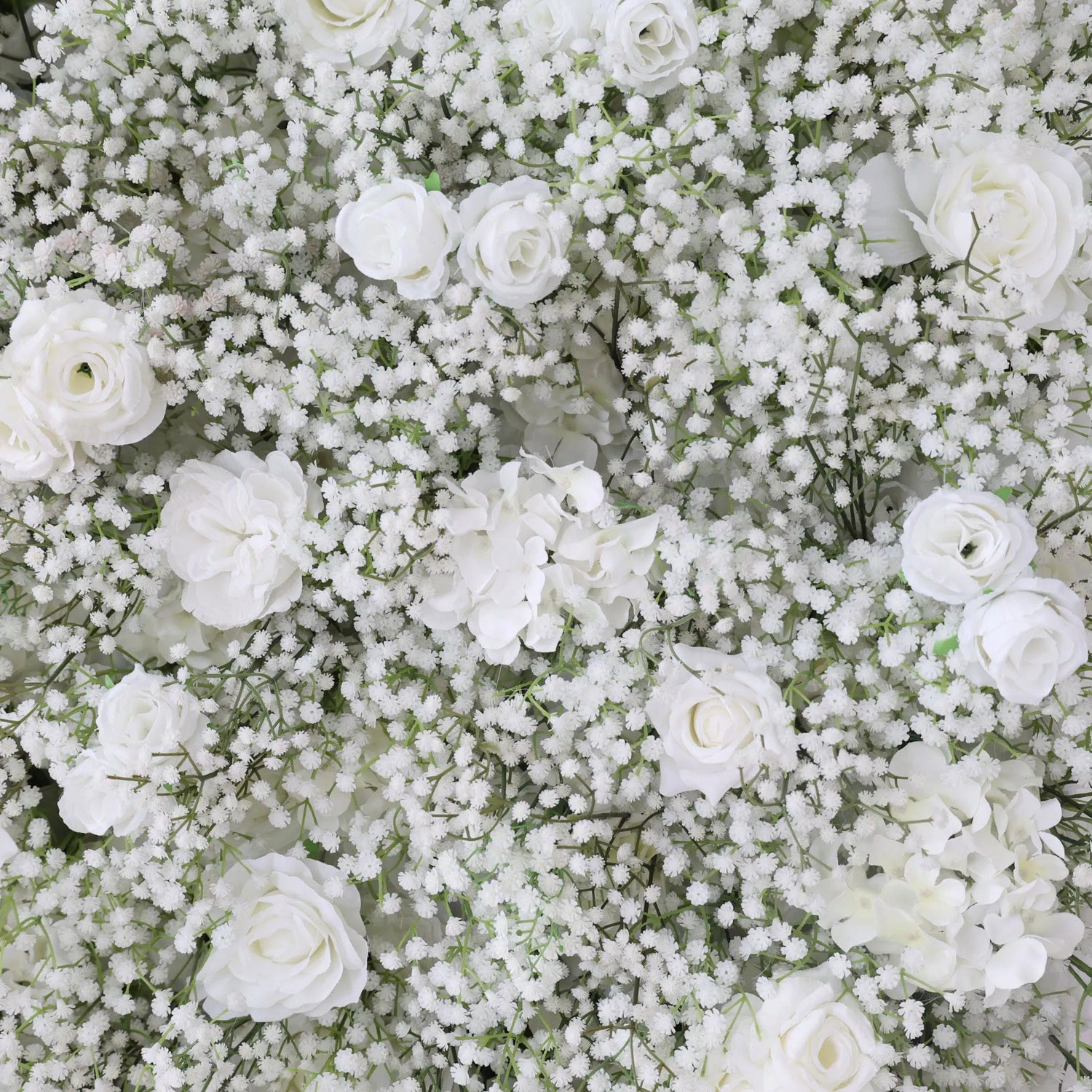 ValarFlowers Artificial Floral Wall Backdrop: Serene Meadows Artificial Floral Wall Backdrop: White Rose &amp; Baby&