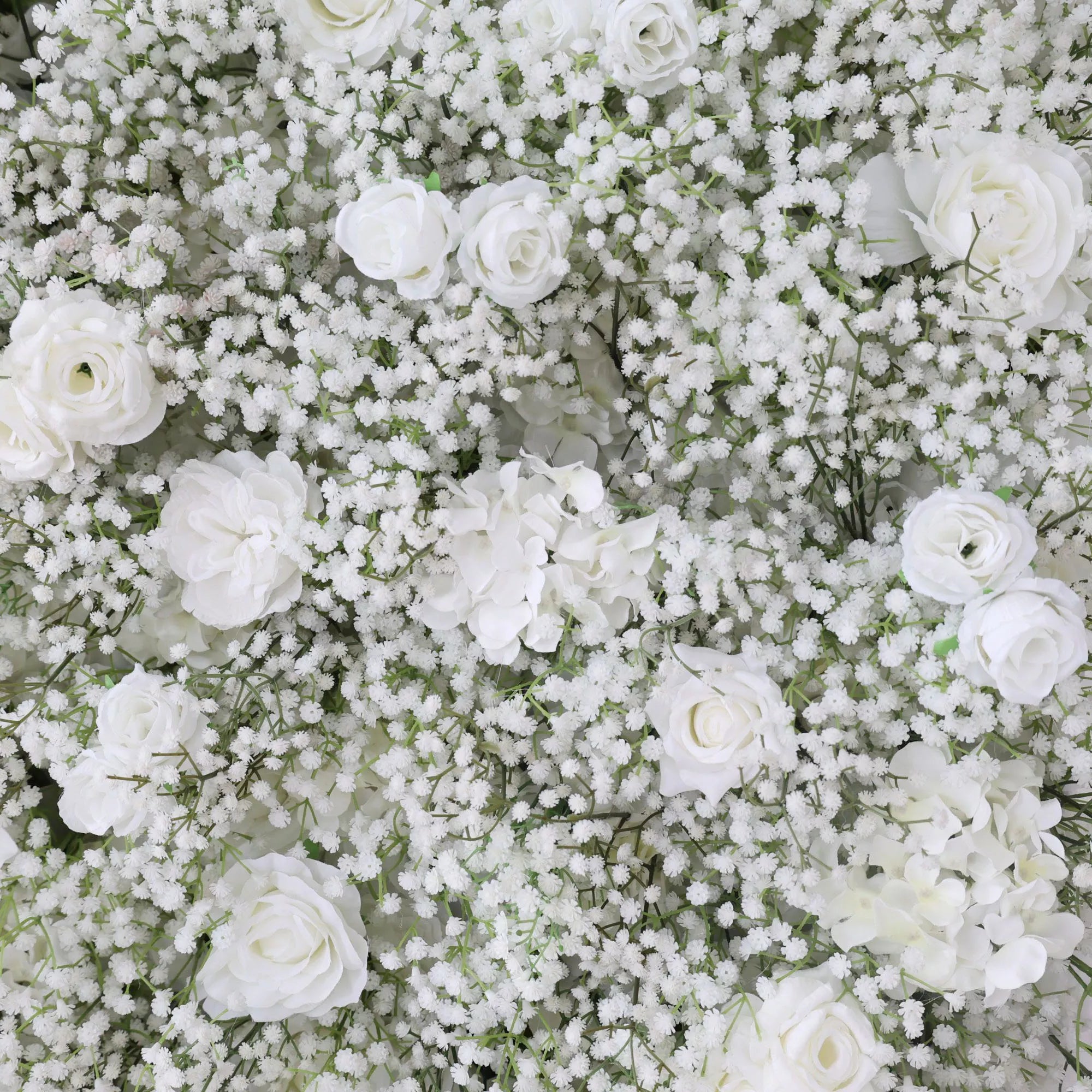 ValarFlowers Artificial Floral Wall Backdrop: Serene Meadows Artificial Floral Wall Backdrop: Rosa Branca &amp; Baby&