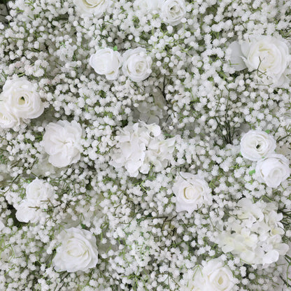 ValarFlowers Fondo de pared floral artificial: Serene Meadows Fondo de pared floral artificial: White Rose &amp; Baby&