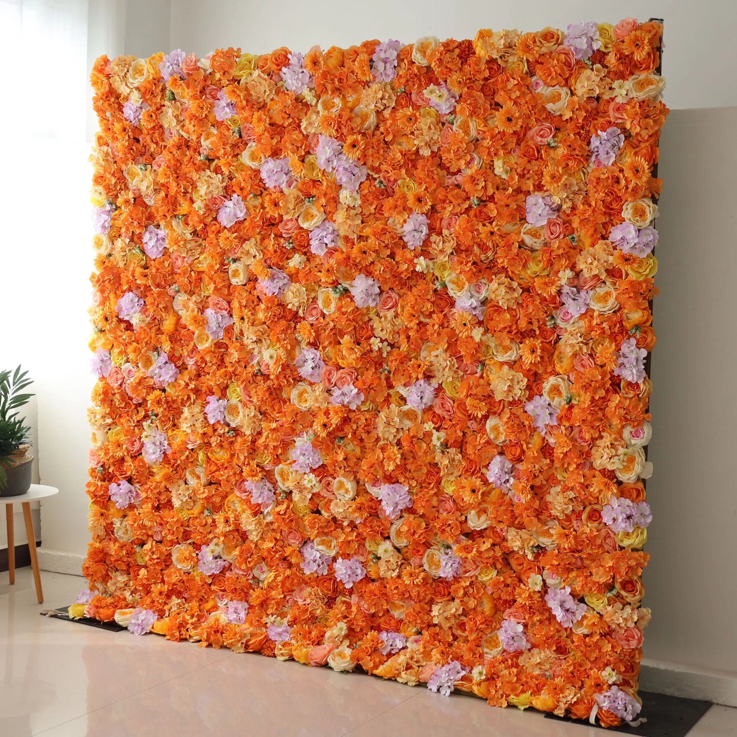 Valar Flowers Roll Up Fabric Artificial Citrus-themed Papaya Orange and Yellow Flower Wall Wedding Backdrop, Floral Party Decor, Event Photography-VF-060