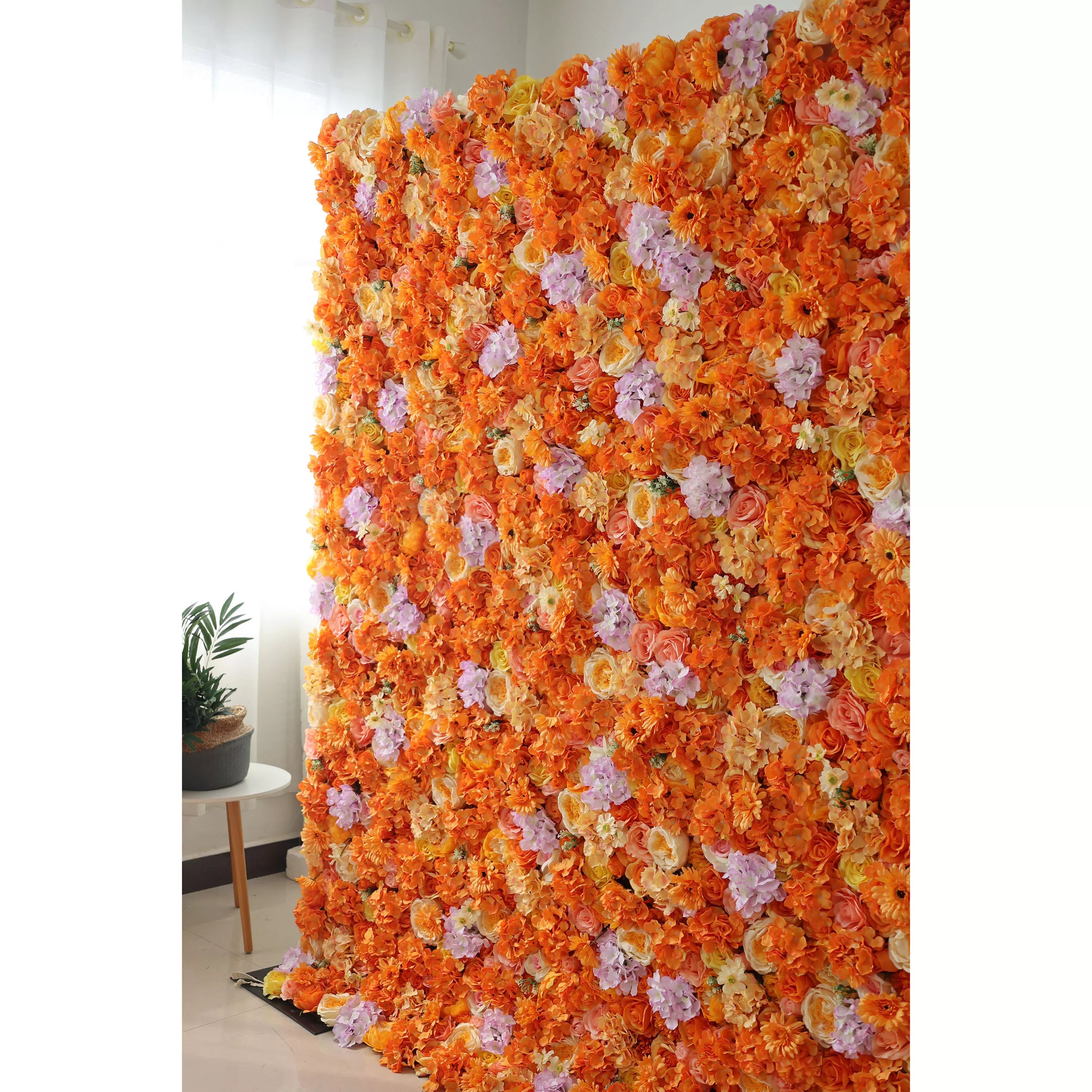 Valar Flowers Roll Up Fabric Artificial Citrus-themed Papaya Orange and Yellow Flower Wall Wedding Backdrop, Floral Party Decor, Event Photography-VF-060