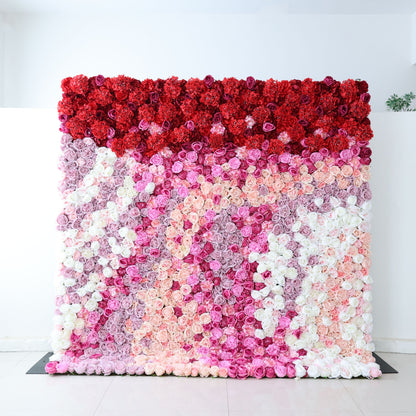 Valar Flowers Roll Up Fabric Artificial Red to Pink White Gradient Flower Wall Wedding Backdrop, Floral Party Decor, Event Photography-VF-353