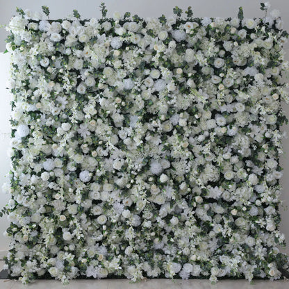 Mur floral blanc éthéré de fleurs Valar avec des accents vert tendre : parfait pour les événements et les célébrations élégants-VF-201