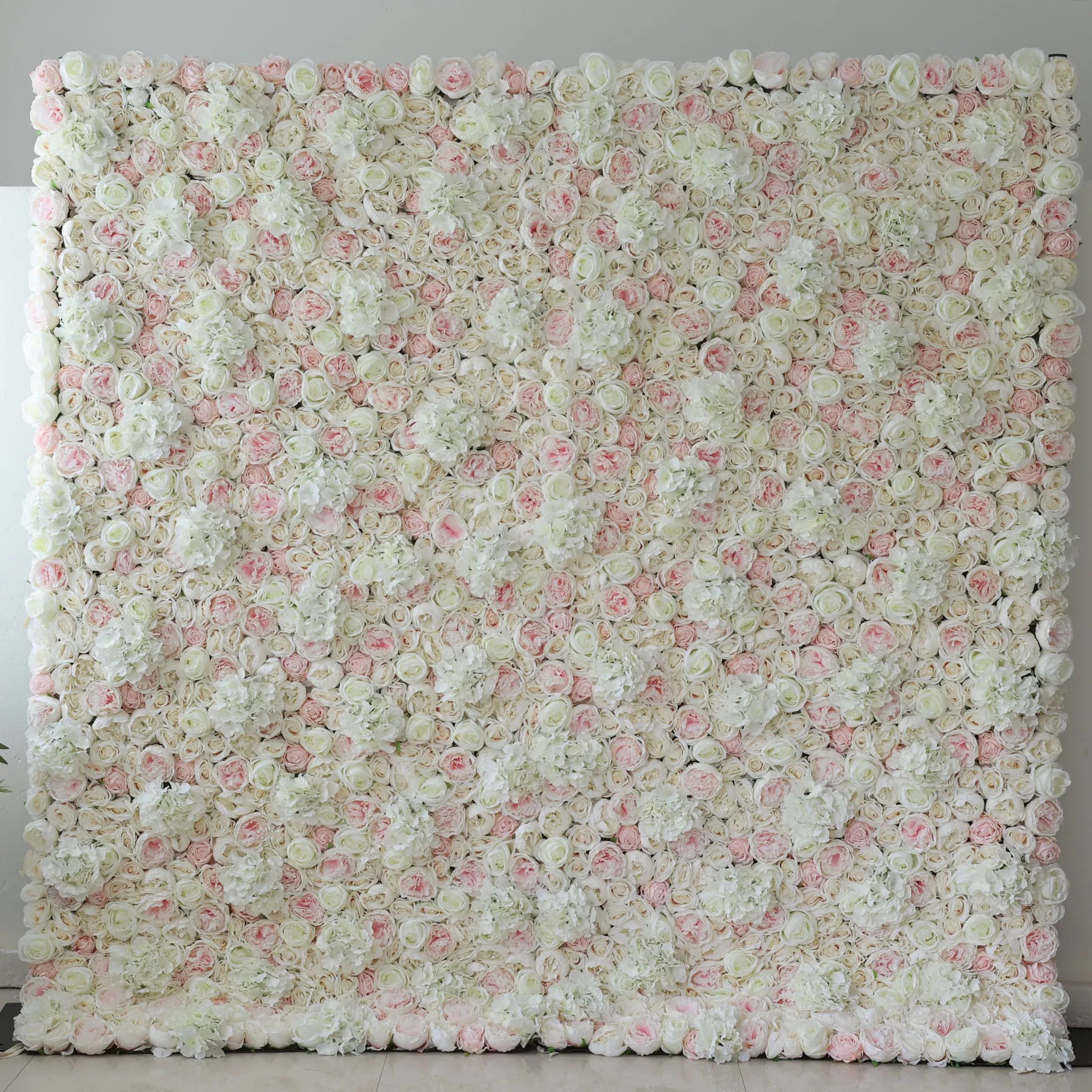 Valar Flowers Roll Up Fabric Artificial Mixed White and Pink Rose Color Green Leaves Wall Wedding Backdrop, Floral Party Decor, Event Photography, Spa Decor-VF-090