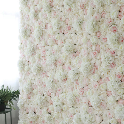 Valar Flowers Roll Up Fabric Artificial Mixed White and Pink Rose Color Green Leaves Wall Wedding Backdrop, Floral Party Decor, Event Photography, Spa Decor-VF-090