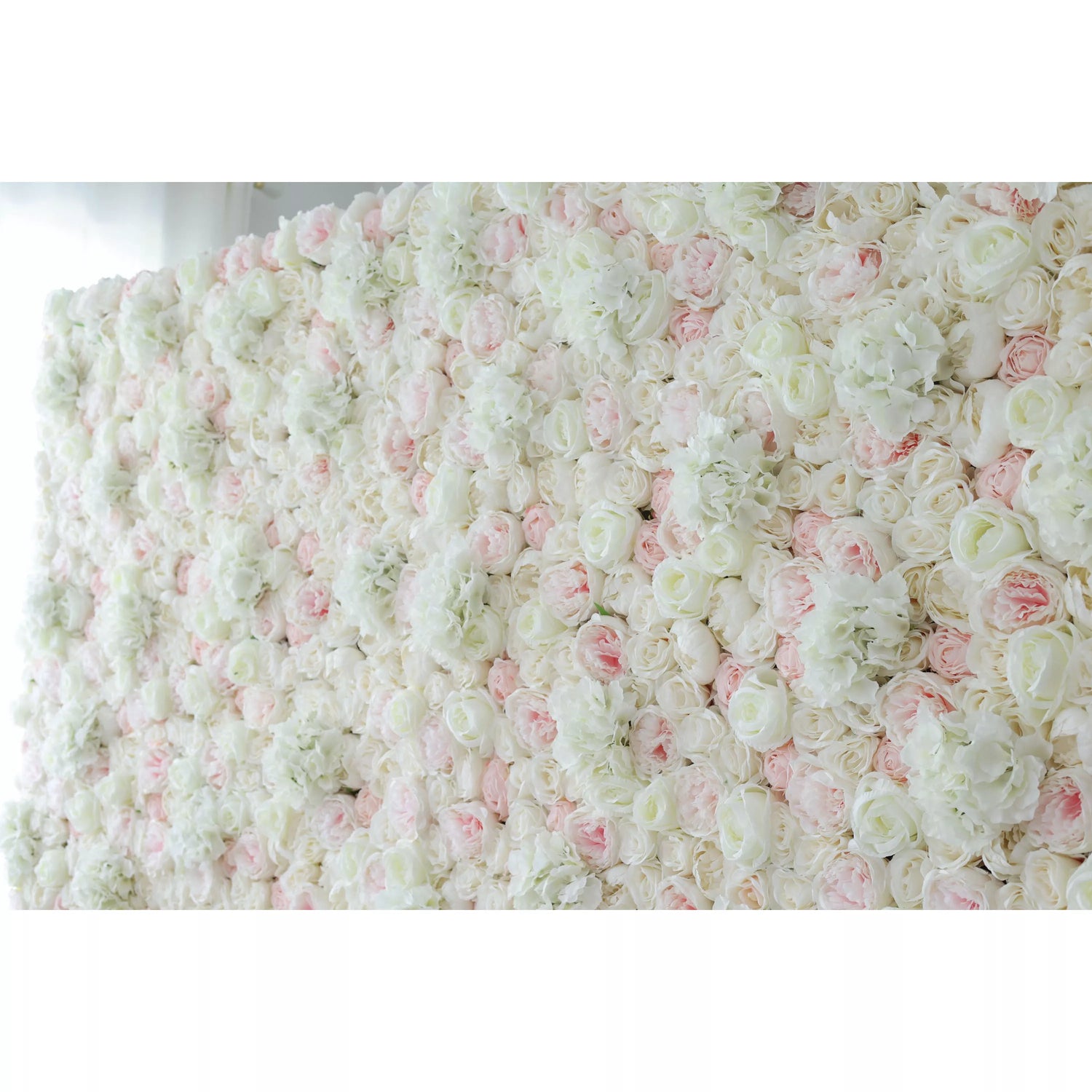 Valar Flowers Roll Up Fabric Artificial Mixed White and Pink Rose Color Green Leaves Wall Wedding Backdrop, Floral Party Decor, Event Photography, Spa Decor-VF-090