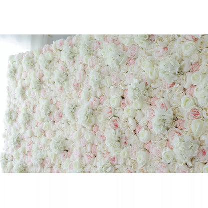 Valar Flowers Roll Up Fabric Artificial Mixed White and Pink Rose Color Green Leaves Wall Wedding Backdrop, Floral Party Decor, Event Photography, Spa Decor-VF-090