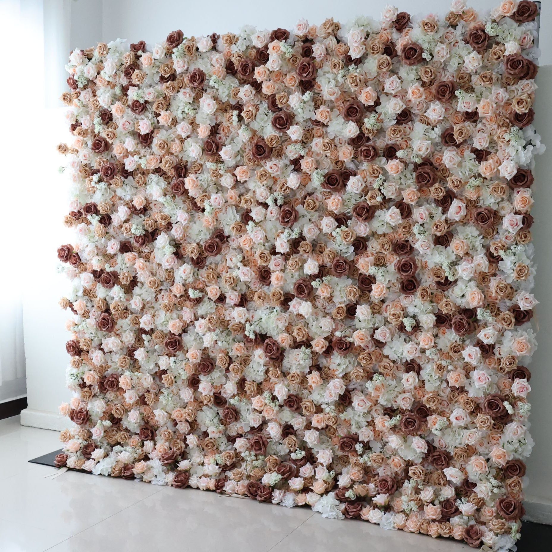 ValarFlowers Brown, khaki Roll Up Fabric Artificial Flower Wall Wedding Backdrop, Floral Party Decor, Event Photography-VF-295