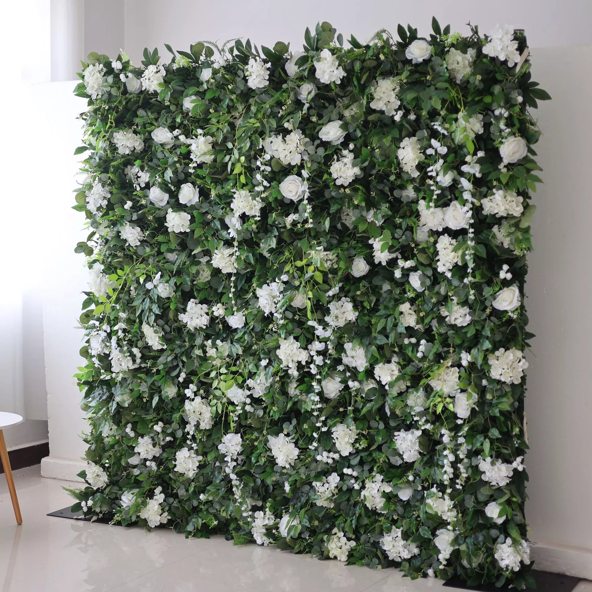 Valar Flores Roll Up Tecido Artificial Flor Branca e Folhas Verdes Vivas Floral Parede Wedding Backdrop, Decoração Floral Festa, Evento Fotografia-VF-071-4