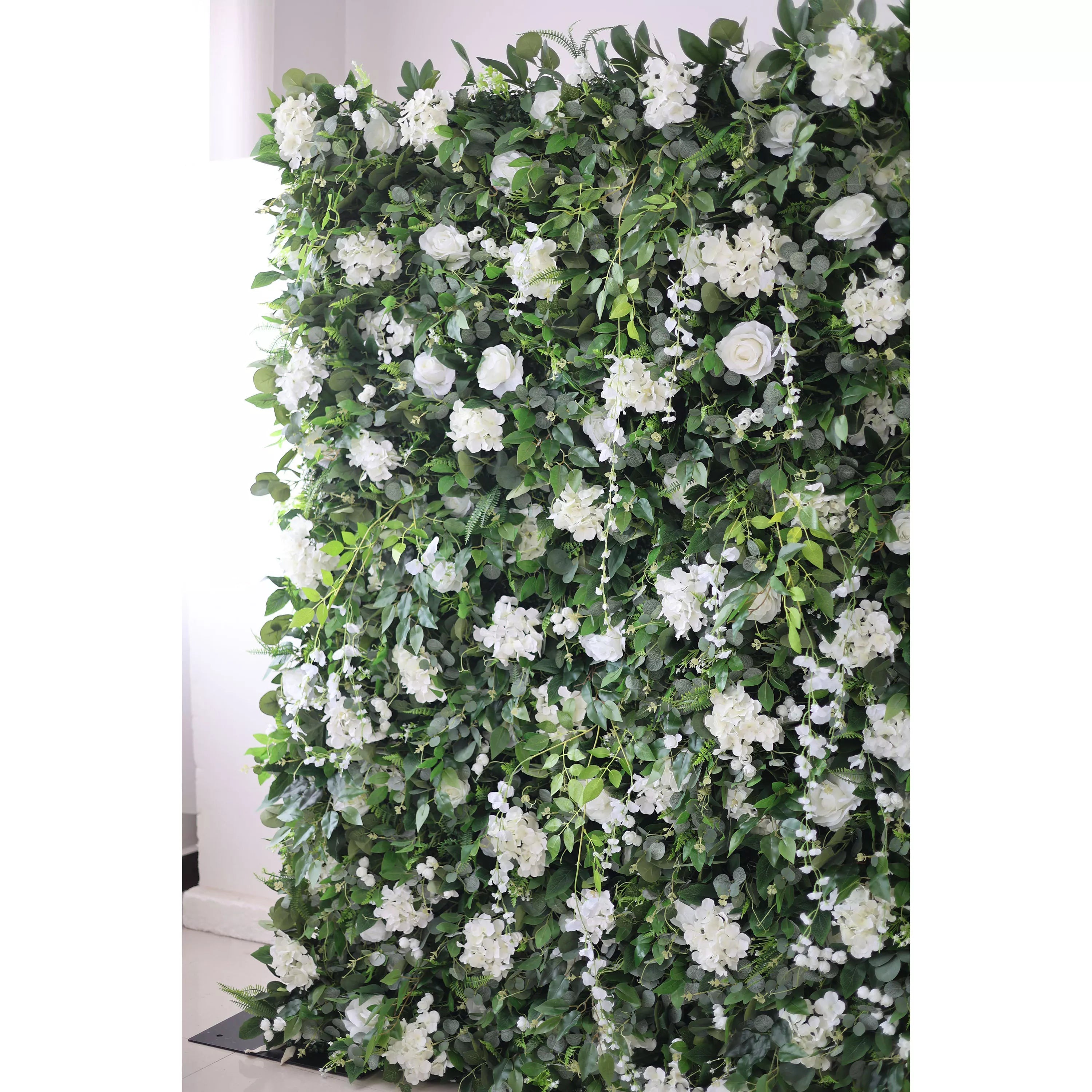 Valar Flores Roll Up Tecido Artificial Flor Branca e Folhas Verdes Vivas Floral Parede Wedding Backdrop, Decoração Floral Festa, Evento Fotografia-VF-071-4