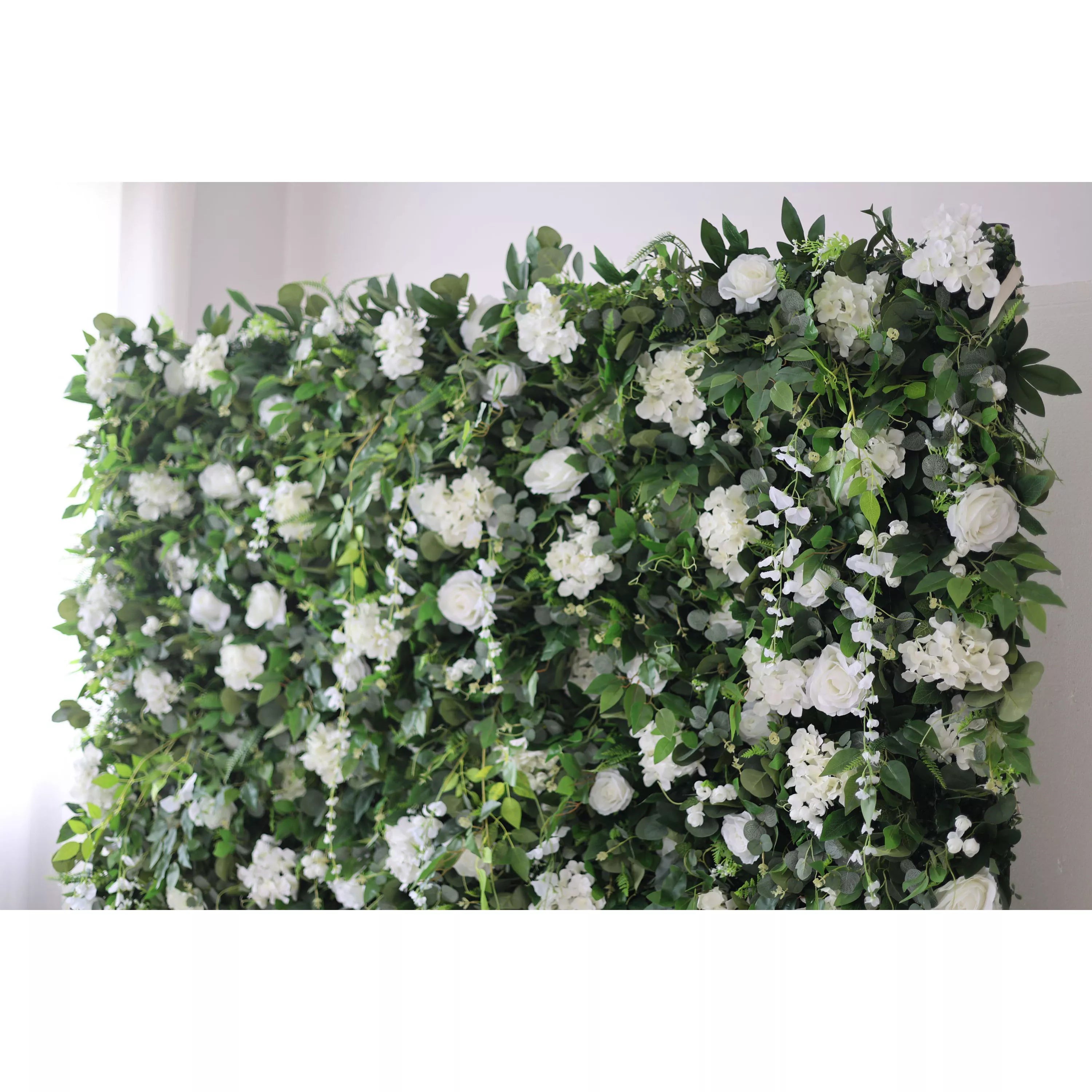 Valar Flores Roll Up Tecido Artificial Flor Branca e Folhas Verdes Vivas Floral Parede Wedding Backdrop, Decoração Floral Festa, Evento Fotografia-VF-071-4