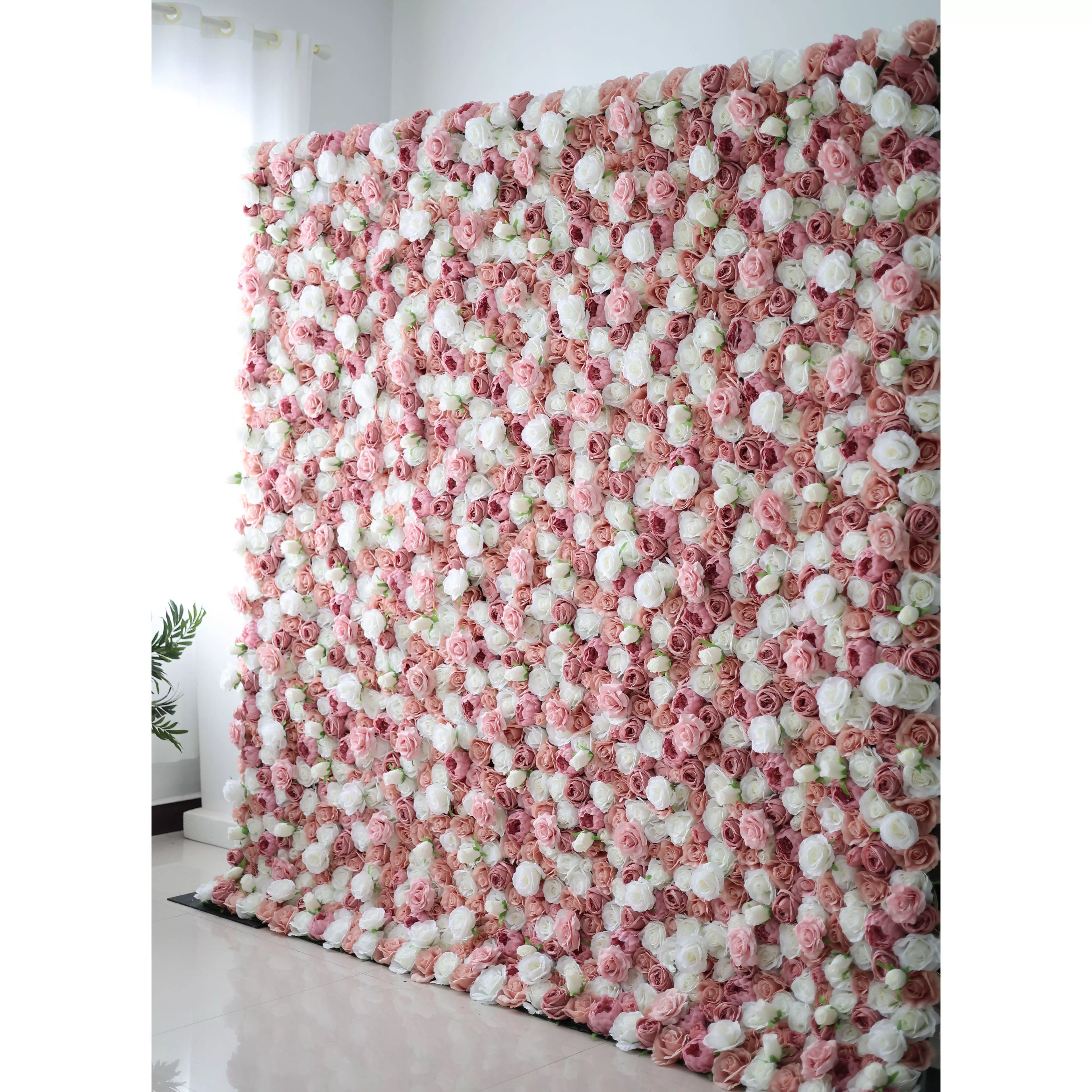 Valar Flowers Roll Up Fabric Artificial Mix Rose Red &amp; White Flower Wall Wedding Backdrop, Floral Party Decor, Event Photography-VF-038