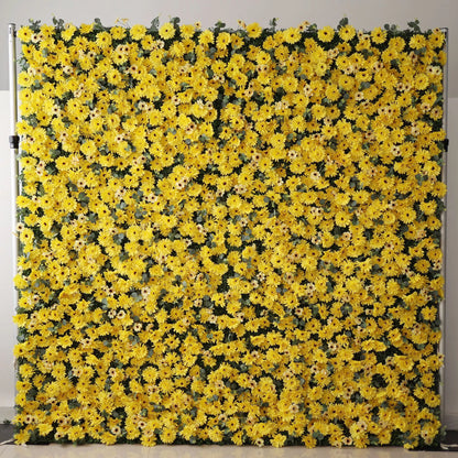 Valar Flowers Roll Up Fabric Artificial Burnt Yellow Euryops Pectinatus  Flower Wall Wedding Backdrop, Floral Party Decor, Event Photography-VF-069