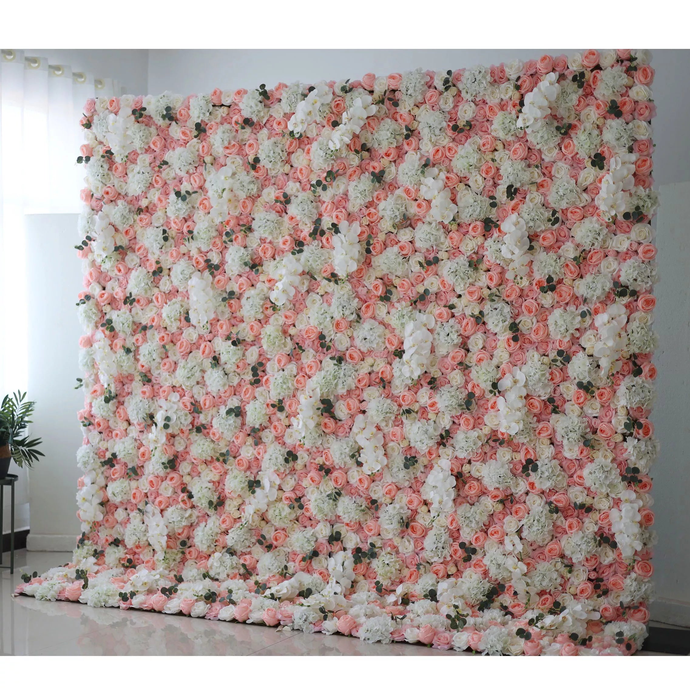 Valar Flowers Roll Up Fabric Artificial Petite Orchid and Brandy Rose with White Roses Flower Wall Wedding Backdrop, Floral Party Decor, Event Photography-VF-027