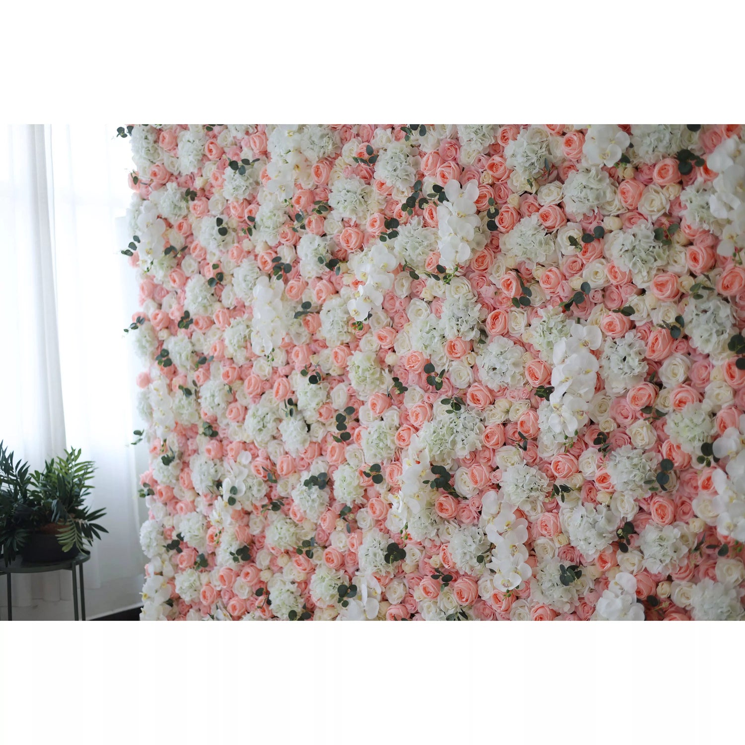 Valar Blumen Roll Up Stoff Künstliche Petite Orchidee und Brandy Rose mit weißen Rosen Blumen Wand Hintergrund, Blumen Party Dekor, Event Photography-VF-027