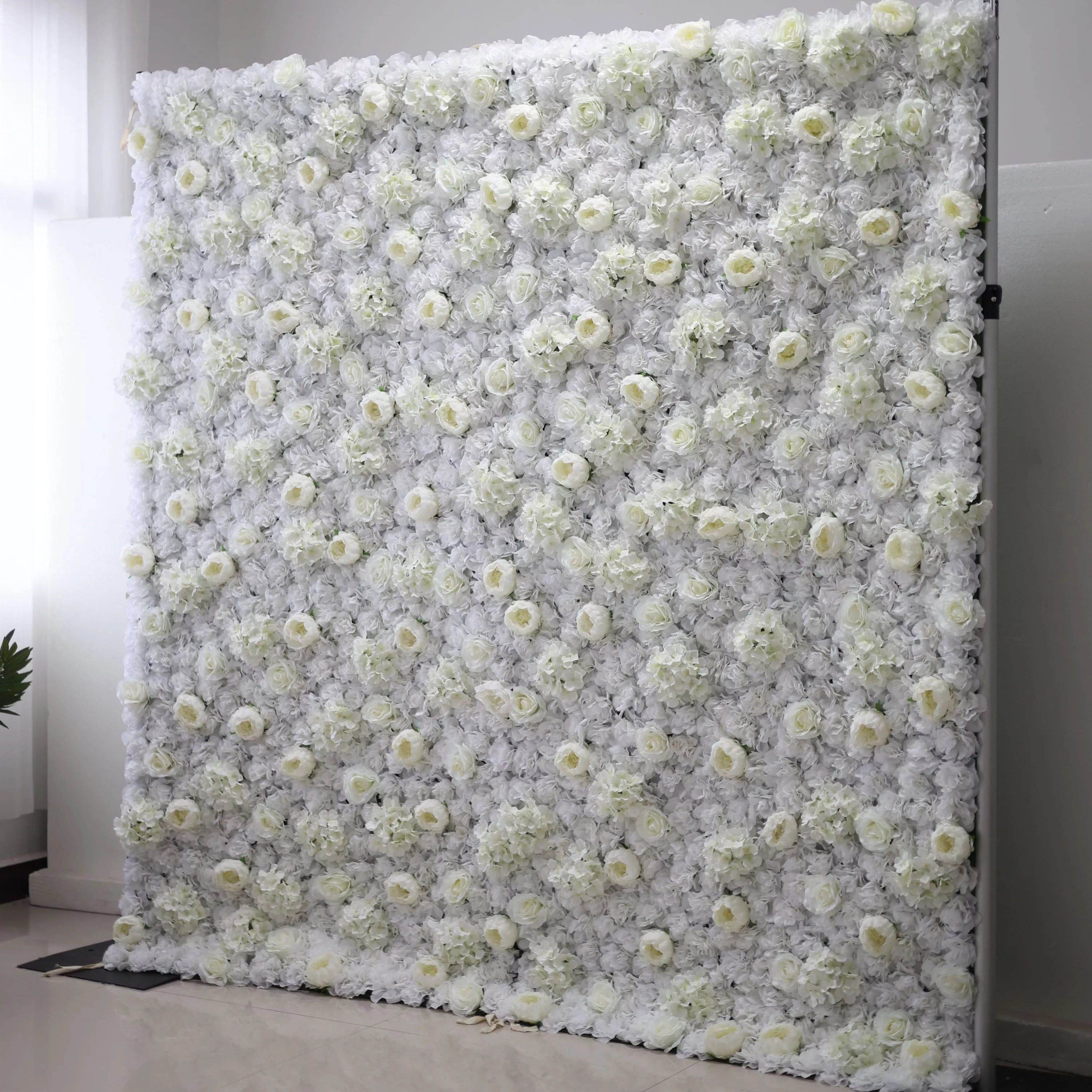 Valar Flowers Roll Up Fabric Artificial White Flower Wall Wedding Backdrop, Floral Party Decor, Event Photography-VF-006