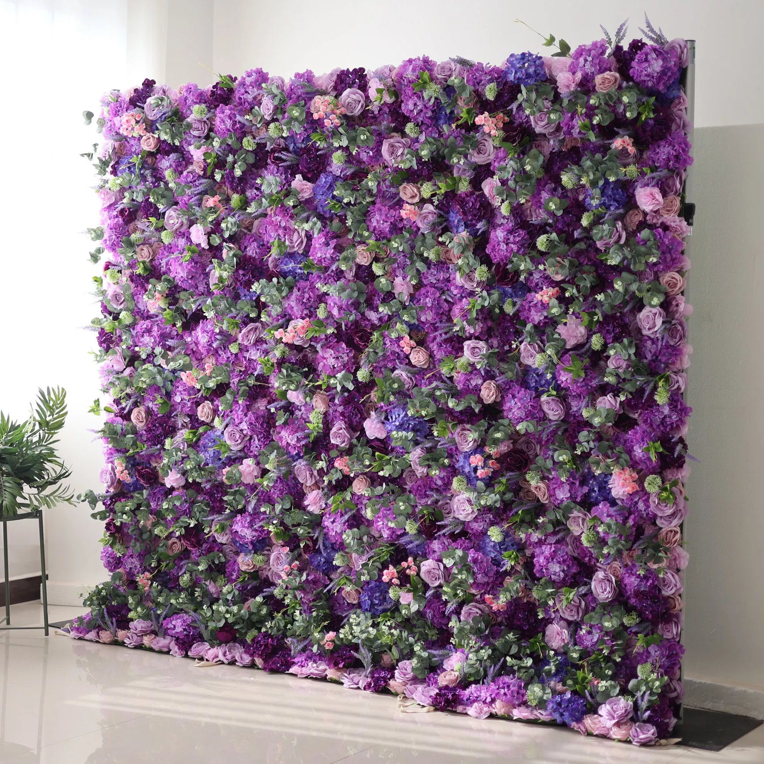 Valar Flores Roll Up Tecido Artificial Roxo Flor Parede Wedding Backdrop, Decoração Floral Festa, Evento Fotografia-VF-192