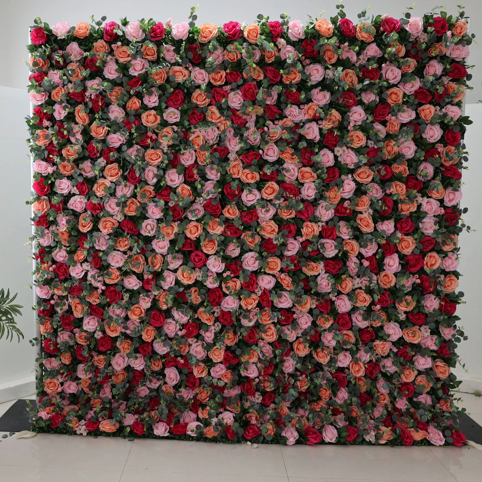 Valar Flowers Roll Up Fabric Artificial Persian Plum and Light Carmine Pink Flower and Ironside Grey Green Leaves Wall Wedding Backdrop, Floral Party Decor, Event Photography-VF-070-2