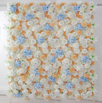 Valar Flowers Roll Up Fabric Artificial Orange Mixed White and Baby Blue Floral Wall Wedding Backdrop, Floral Party Decor, Event Photography-VF-096