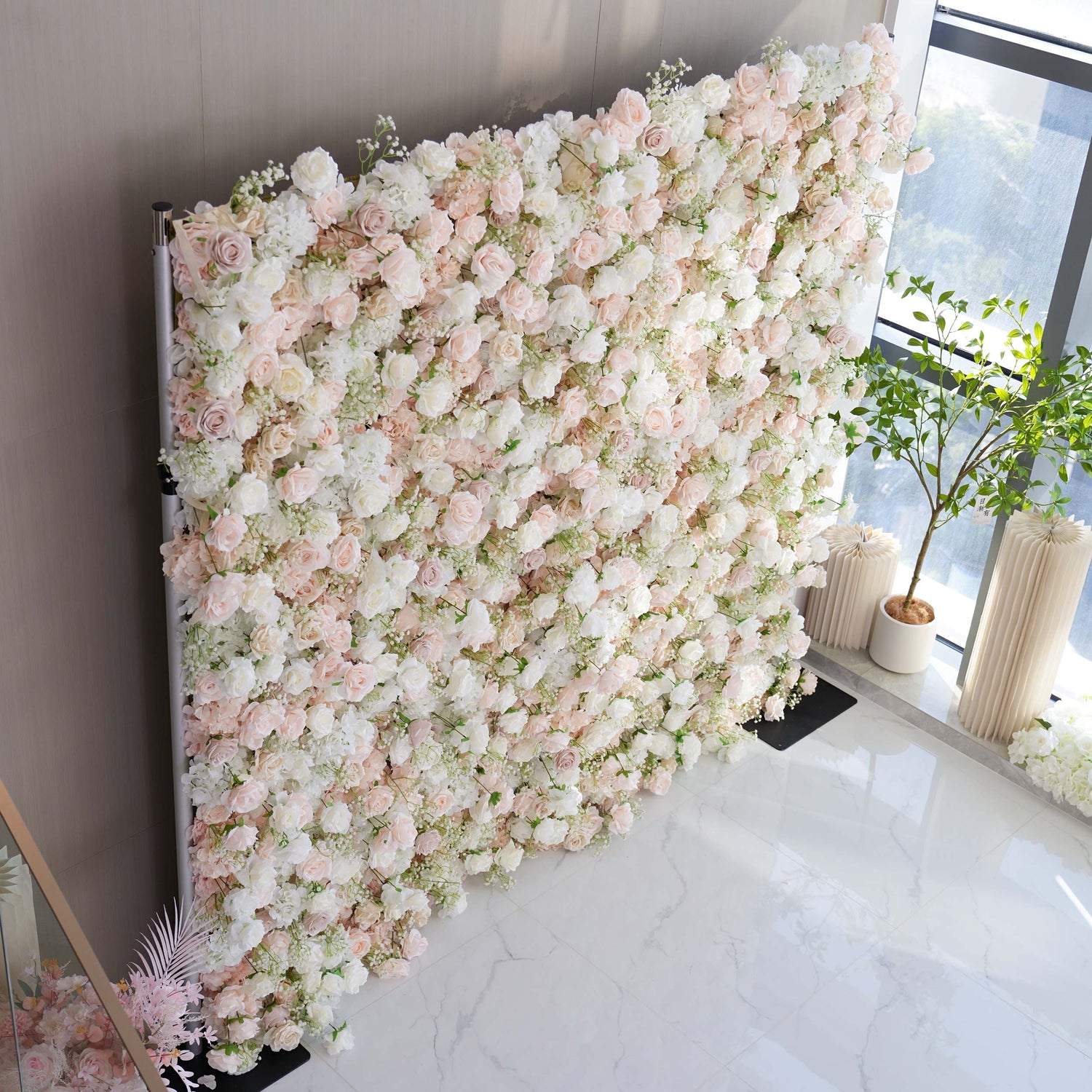 Luxurious Floral Backdrop - Elegant White, Blush, and Nude Artificial Flower Wall for Weddings, Events, and Special Occasions-VF-374-1