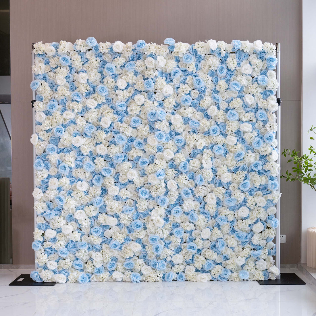 Valar Flowers Roll Up Fabric Artificial Flower Baby Blue and White Wall Wedding Backdrop, Floral Party Decor, Event Photography-VF-025