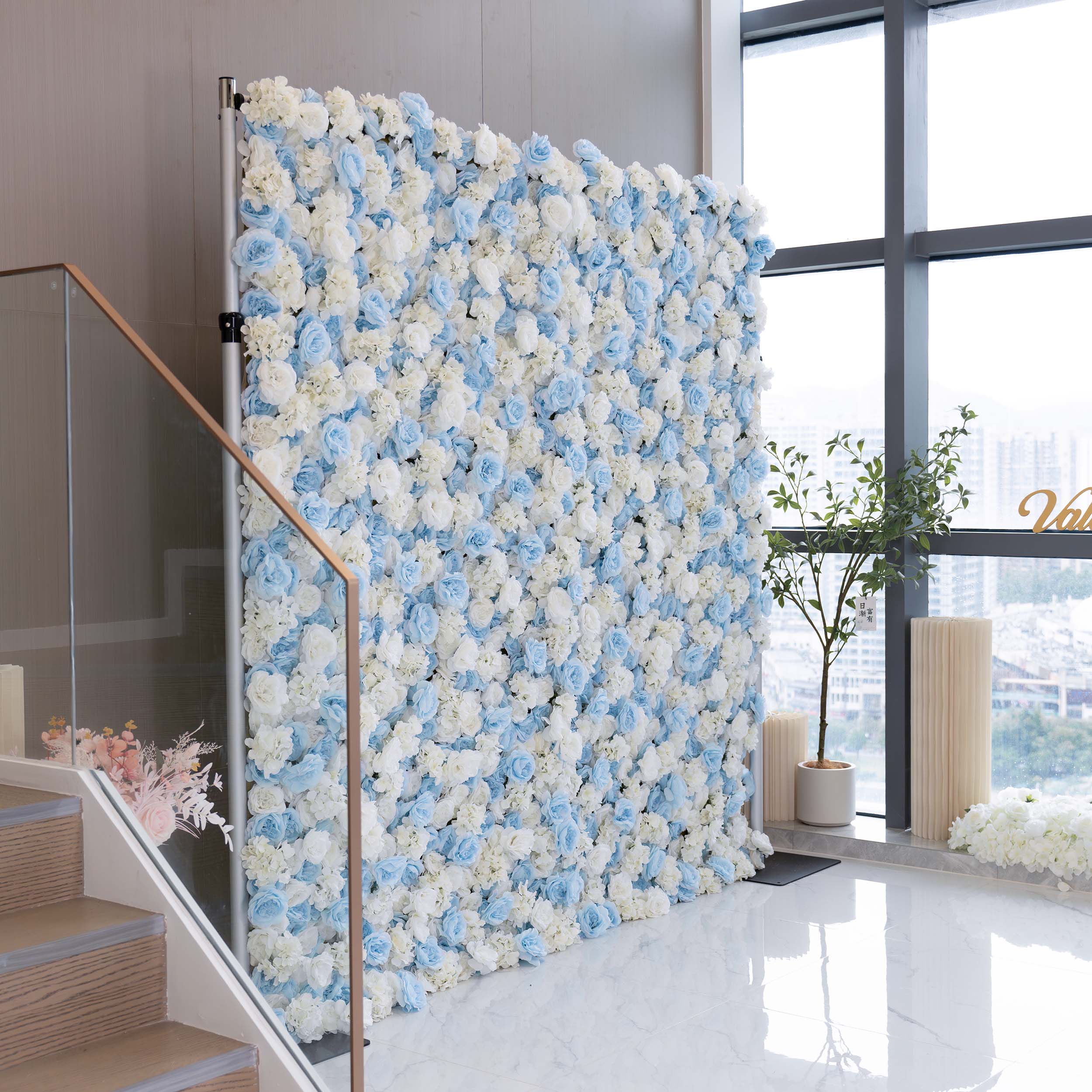 Valar Flowers Roll Up Fabric Artificial Flower Baby Blue and White Wall Wedding Backdrop, Floral Party Decor, Event Photography-VF-025