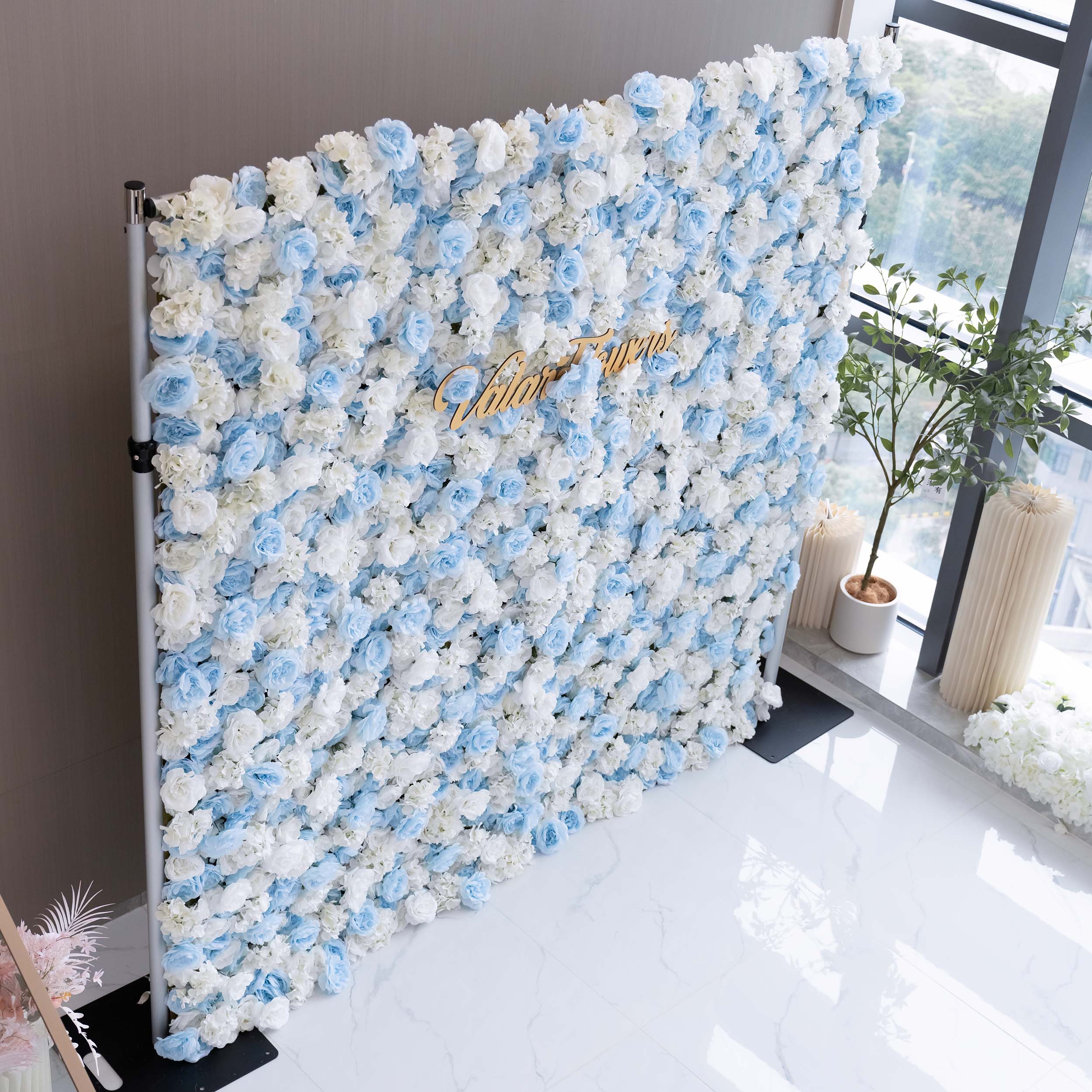 Valar Flowers Roll Up Fabric Artificial Flower Baby Blue and White Wall Wedding Backdrop, Floral Party Decor, Event Photography-VF-025