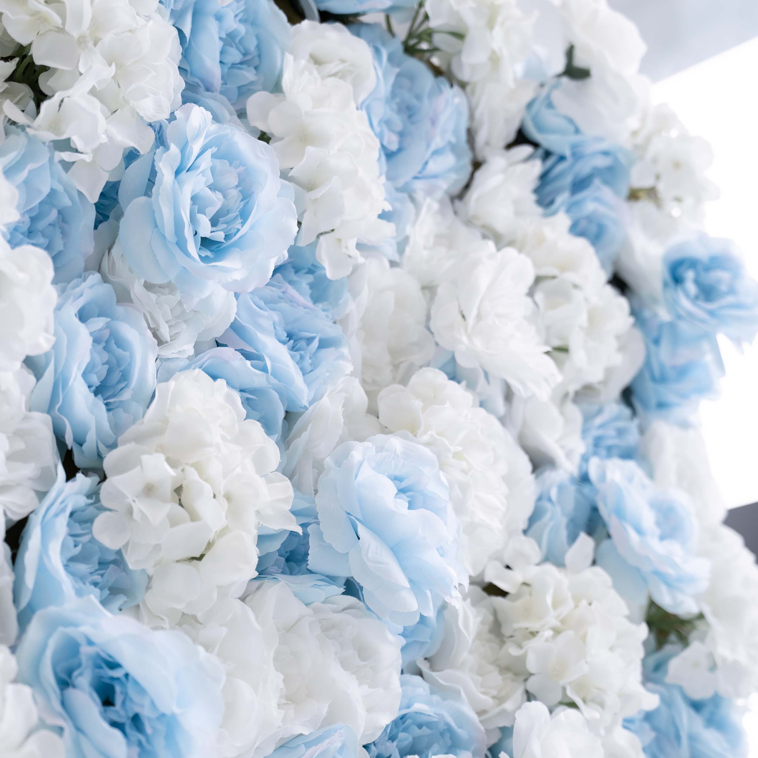 Valar flores roll up Telas flor artificial bebé azul y blanco pared de la boda telón fondo, decoración del partido floral, evento Photography-VF-025