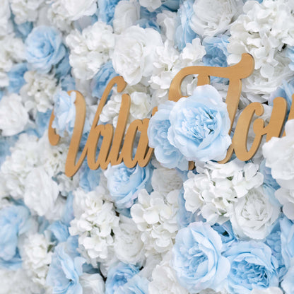 Valar Flowers Roll Up Fabric Artificial Flower Baby Blue and White Wall Wedding Backdrop, Floral Party Decor, Event Photography-VF-025