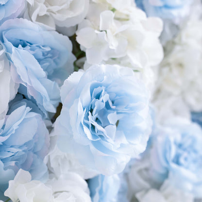 Valar flores roll up Telas flor artificial bebé azul y blanco pared de la boda telón fondo, decoración del partido floral, evento Photography-VF-025