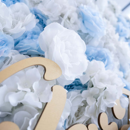 Valar flores roll up Telas flor artificial bebé azul y blanco pared de la boda telón fondo, decoración del partido floral, evento Photography-VF-025