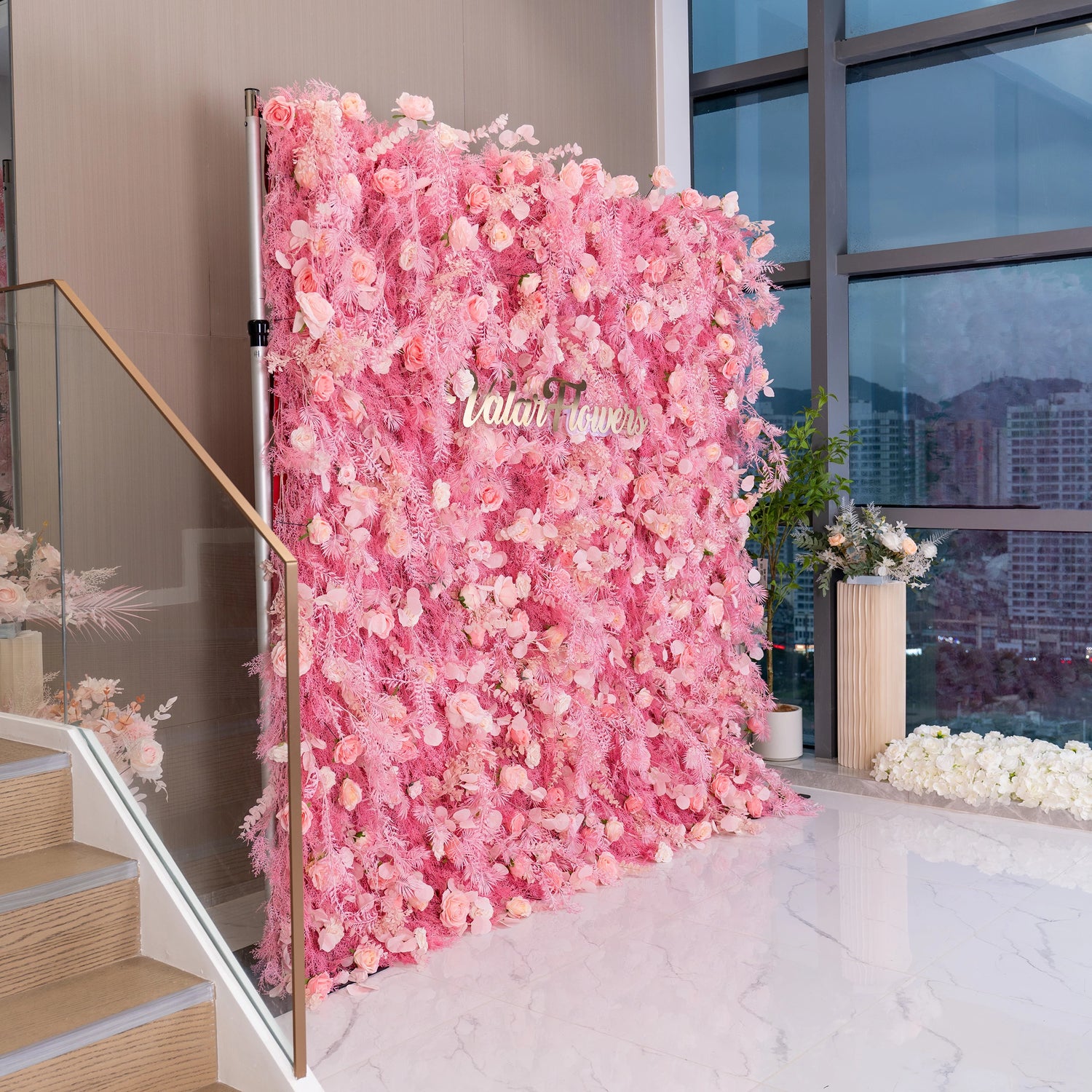 Blushing Pink Blossom Wall with Frosted Fern Accents: Romance Meets Whimsy for Sophisticated Celebrations-VF-202-3