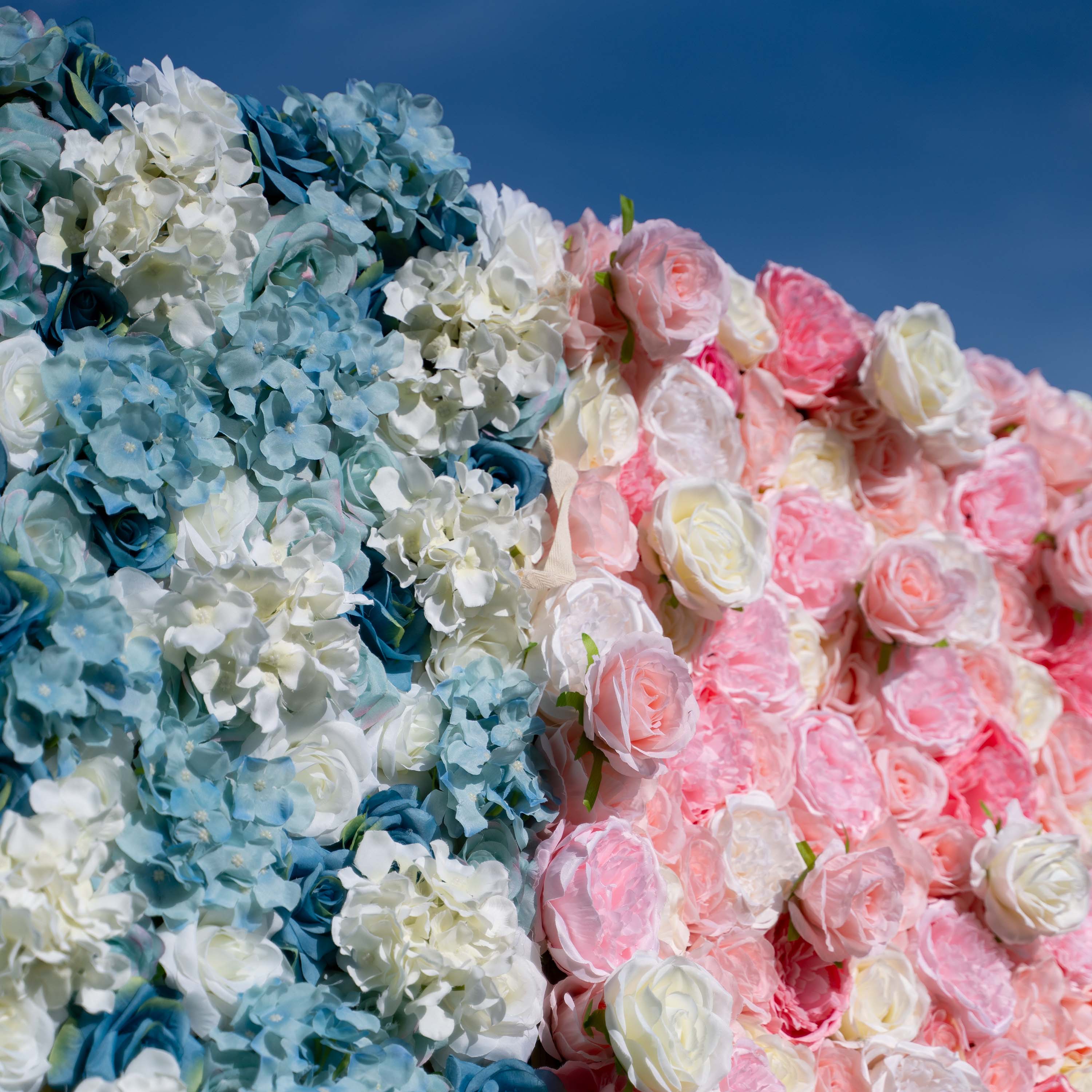 Baby Shower Flower Wall Backdrop - Blue &amp; Pink Roll-Up Fabric Wall - Gender Reveal Party Decor - Celebration Floral Wall-VF-016