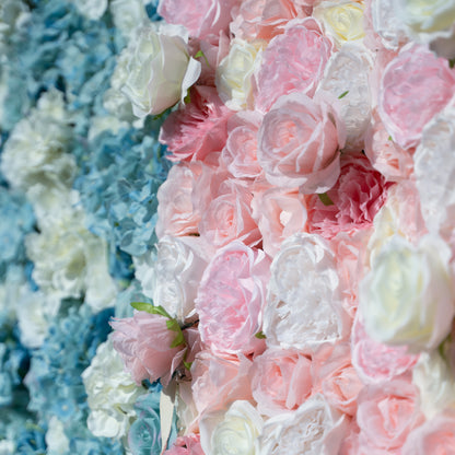 Baby-Dusch-Blumen-Wandhintergrund - Blaue und rosa Roll-up-Stoffwand - Gender-Reveal-Party-Dekor - Feier Blumenwand-VF-016