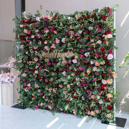 Valar Flowers Roll Up Fabric Artificial Green Mixed Pinky and Purple and White Floral Wall Wedding Backdrop, Floral Party Decor, Event Photography-VF-095