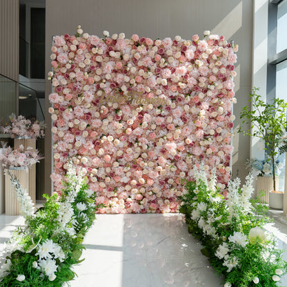 The floral arrangement features a lush, pink - toned flower wall with the text &quot;Valar Flowers&quot; prominently displayed. The white flower aisle guides are perfect for weddings, creating a romantic and elegant pathway for the bride to walk down.