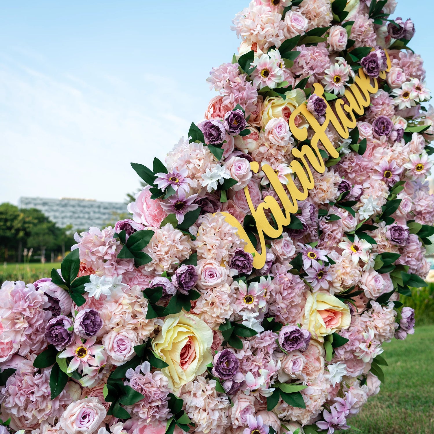 Moon Shaped Half-covered Artificial Flower Arrangement Flower Wall Backdrop - Asymmetrical Cascade of Lush Pink and Purple Blooms Party Decor - Wedding Floral-VF-076