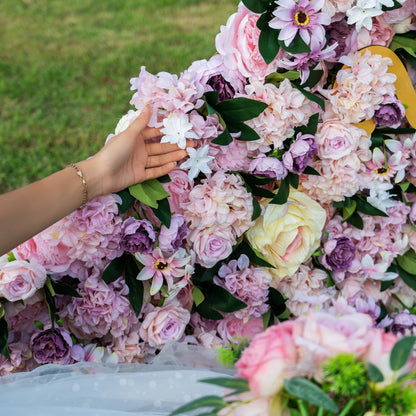 Moon Shaped Half-covered Artificial Flower Arrangement Flower Wall Backdrop - Asymmetrical Cascade of Lush Pink and Purple Blooms Party Decor - Wedding Floral-VF-076