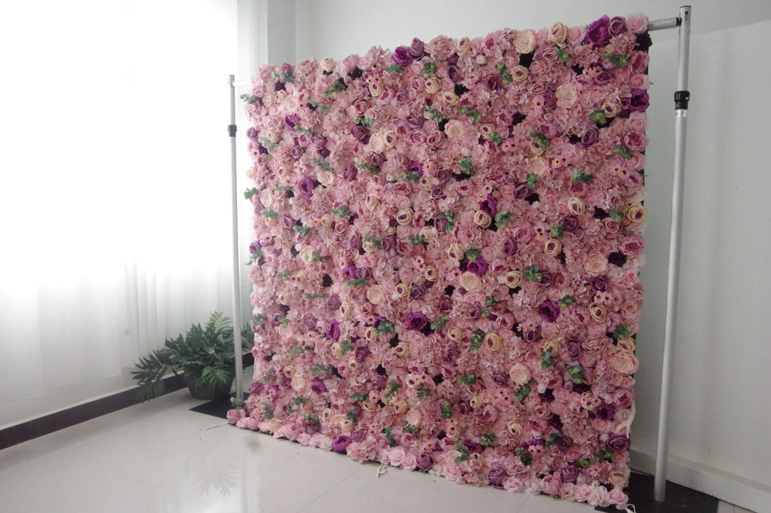 Valar Flowers Roll Up Fabric Artificial Mix Rose Red and Pink Flower Wall Wedding Backdrop, Floral Party Decor, Event Photography-VF-044